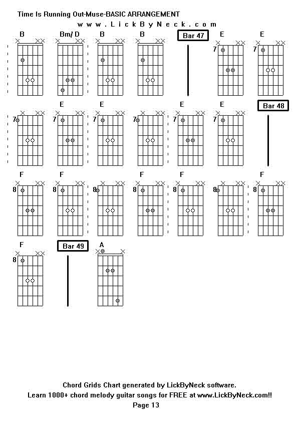 Chord Grids Chart of chord melody fingerstyle guitar song-Time Is Running Out-Muse-BASIC ARRANGEMENT,generated by LickByNeck software.